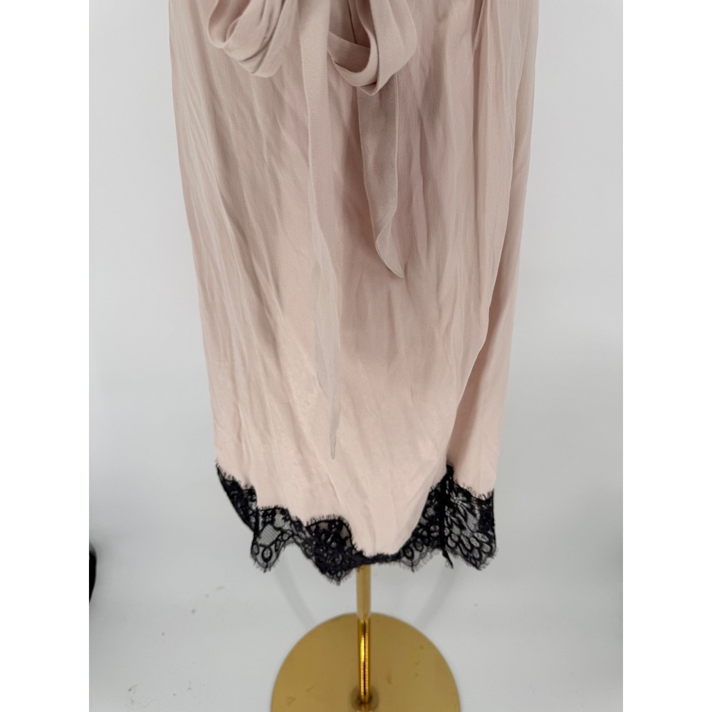 Anthropologie Satin Lace Wrap Dress Midi Pink Black Trim Tie‎ Waist  Women's M - Picture 3 of 9